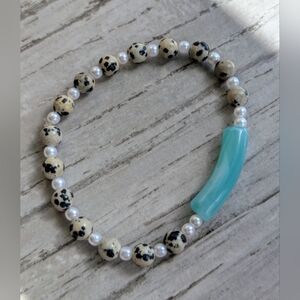 Dalmatian Jasper and Pearl Bracelet with Aqua Accent
